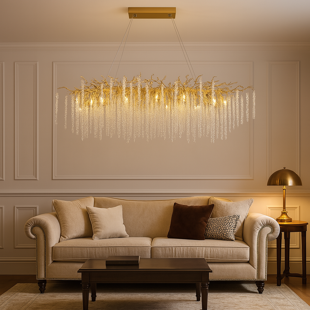 Золота видовжена люстра з кришталевими підвісками L-100/120/150 см G9 Gold Tree 250718-100005667