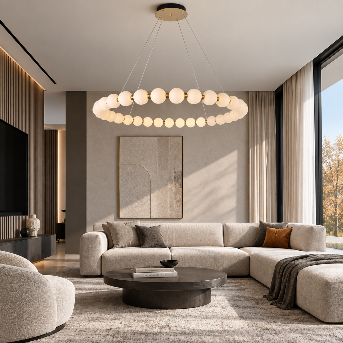 Люстра підвісна золота з перлинками D-100 cm Led 32W 4000K Pearls Circle 241036-100003892