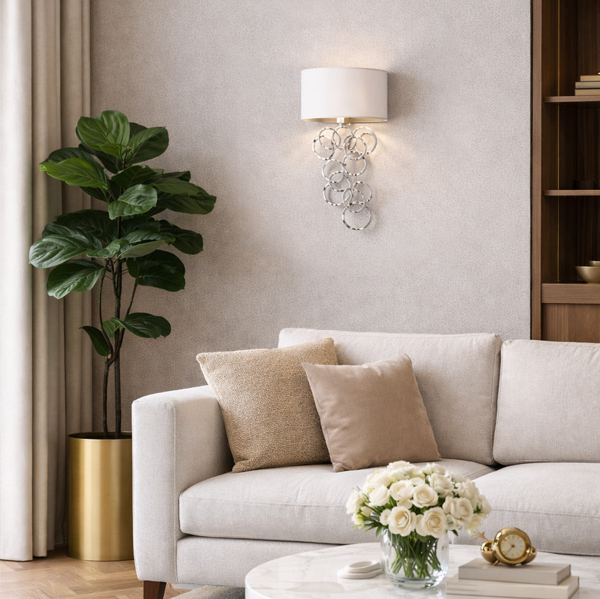 Бра з кільцями срібло/золото та білим абажуром D-16 cm L-55 cm Gold / Silver Wall Lamp 211222-100000557