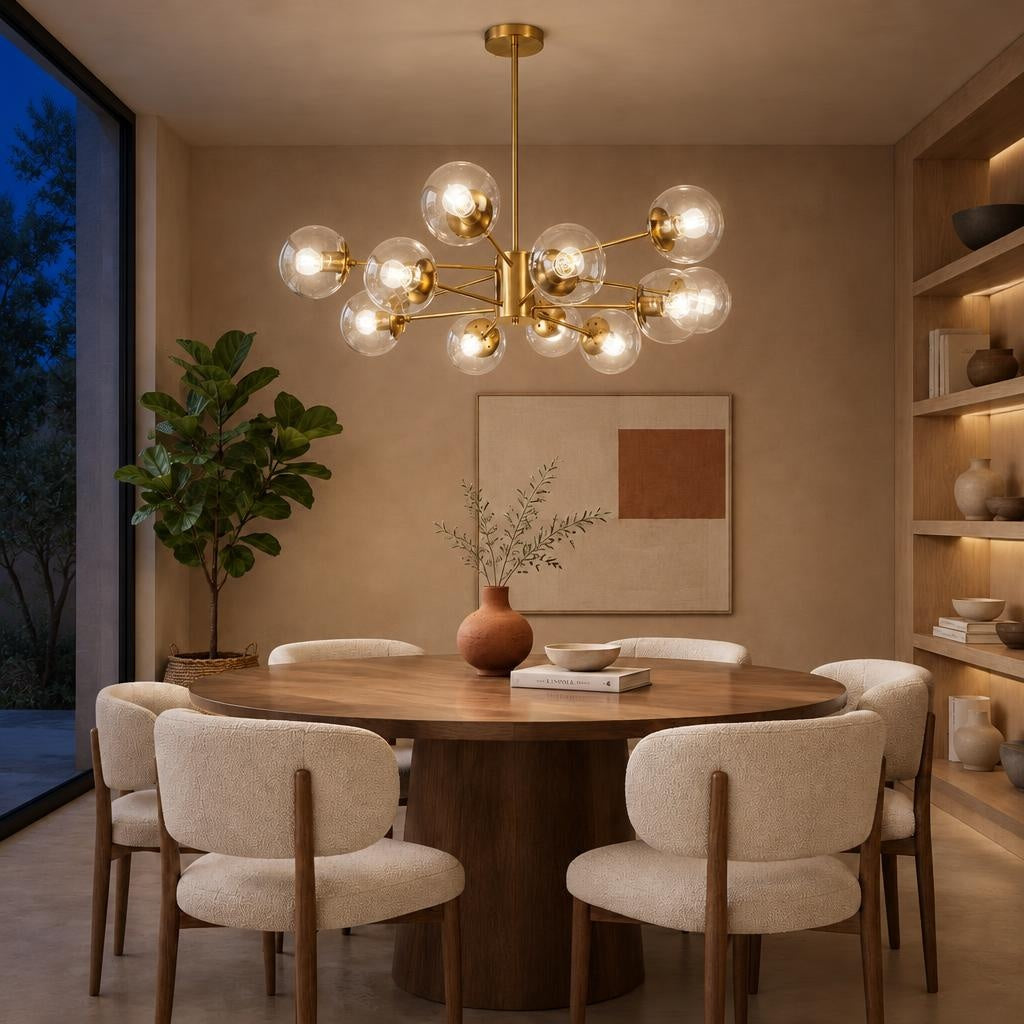Візуалізація увечері: Підвісна люстра з кулястими скляними плафонами на металевому каркасі # Колір корпусу_Бронзовий # Колір плафона_Прозорий # Кількість ламп_12 шт