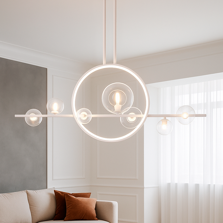 Люстра біла геометрична з прозорими скляними плафонами L-120 cm / L-140 cm Led+G9 7/10 White Bubbles 250635-100005245