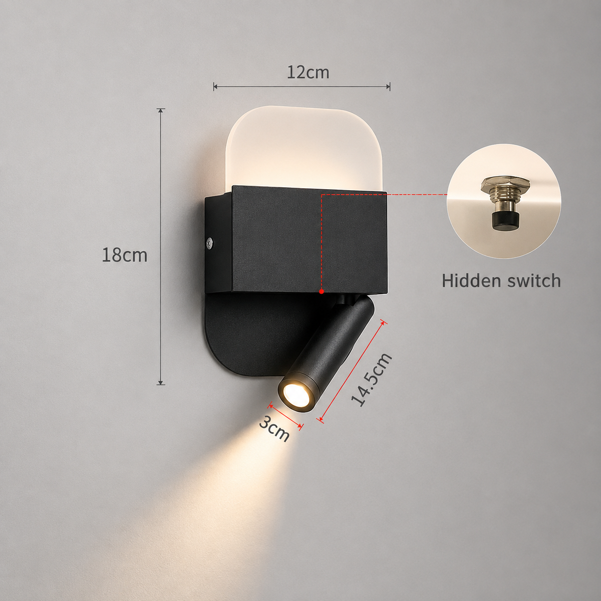 Настінний світильник чорний з вимикачем на корпусі W-12 cm E27 White+Black Merry spot 240922-100003689