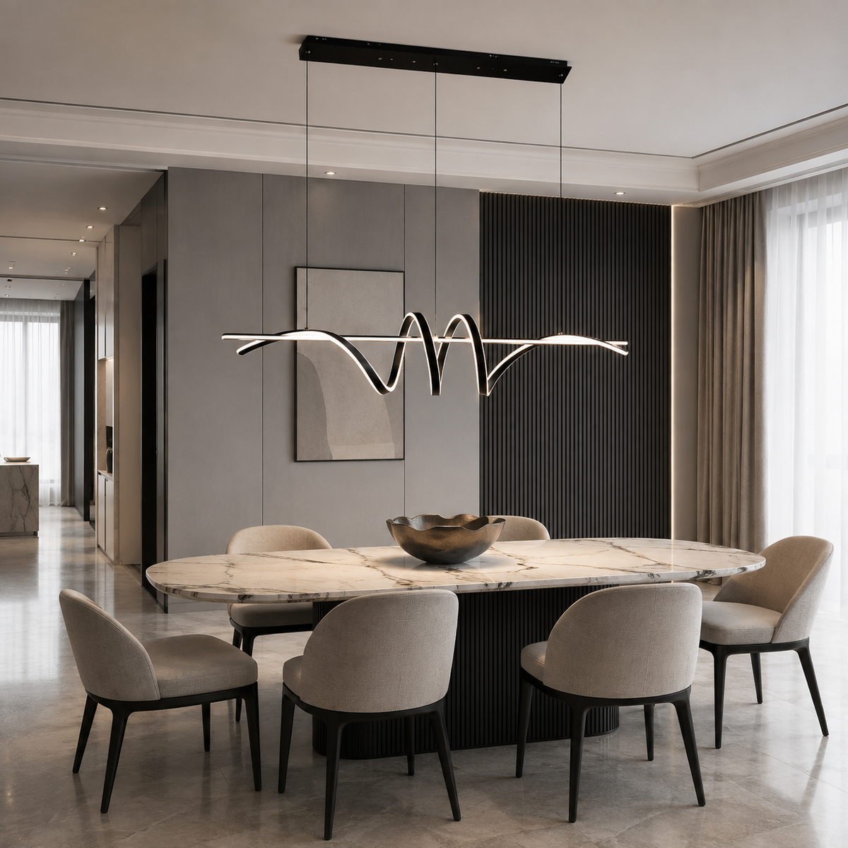 Люстра чорна підвісна з хвилястим плафоном L-100 cm Led 48W Black + White Wave 260822-100008572