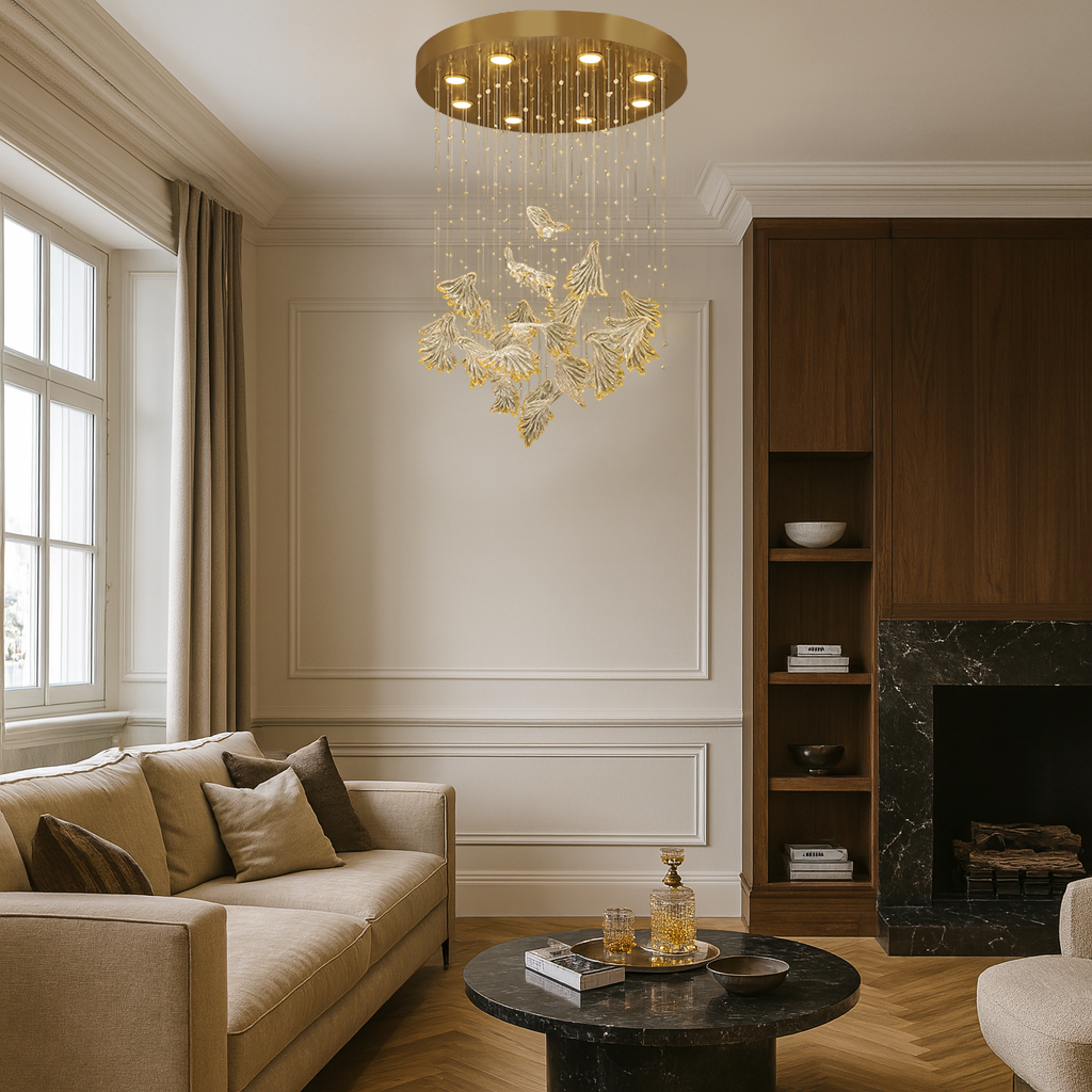 Люстра стельова з золотою основою та каскадом скляних підвісів Gold Premium Crystal Cascade 251217-100006856