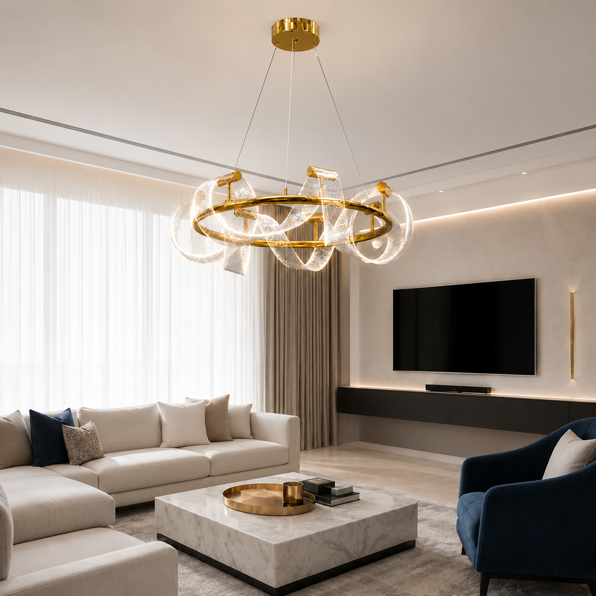 Люстра підвісна золота з акриловим фігурним плафоном D-60 cm / D-80 cm Led 18W / 30W Gold Curly 260735-100008416