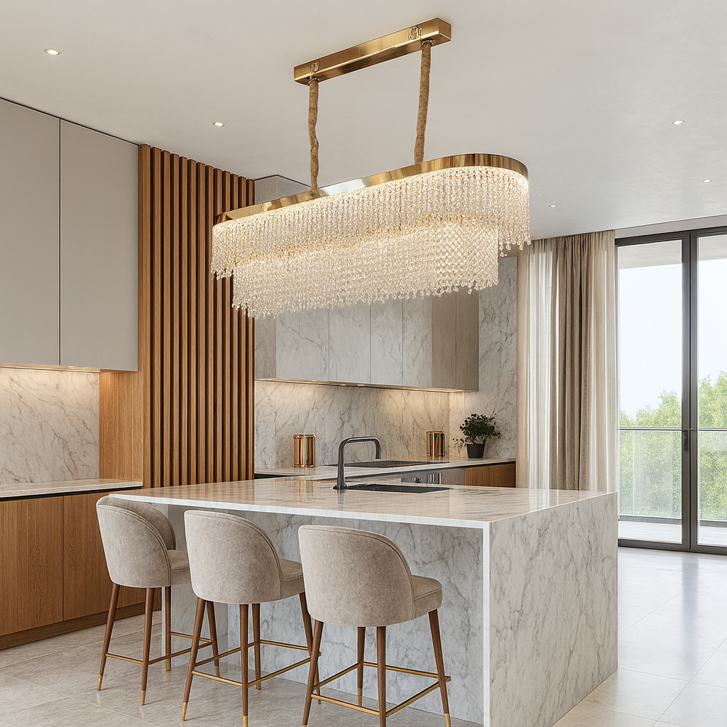 Люстра золота видовжена каскадна з кришталевим плафоном L-100 cm Led 265W Gold Crystal Cascade Long 251235-100006788
