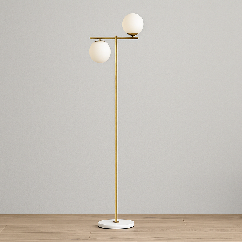 Золотий торшер з білими плафонами H-160 cm Е27х2 Gold + White Pearl floor lamp 251165-100006648