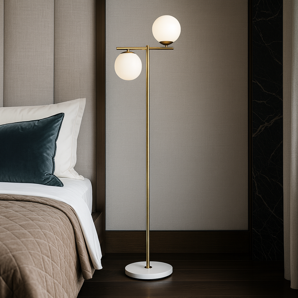 Золотий торшер з білими плафонами H-160 cm Е27х2 Gold + White Pearl floor lamp 251165-100006648
