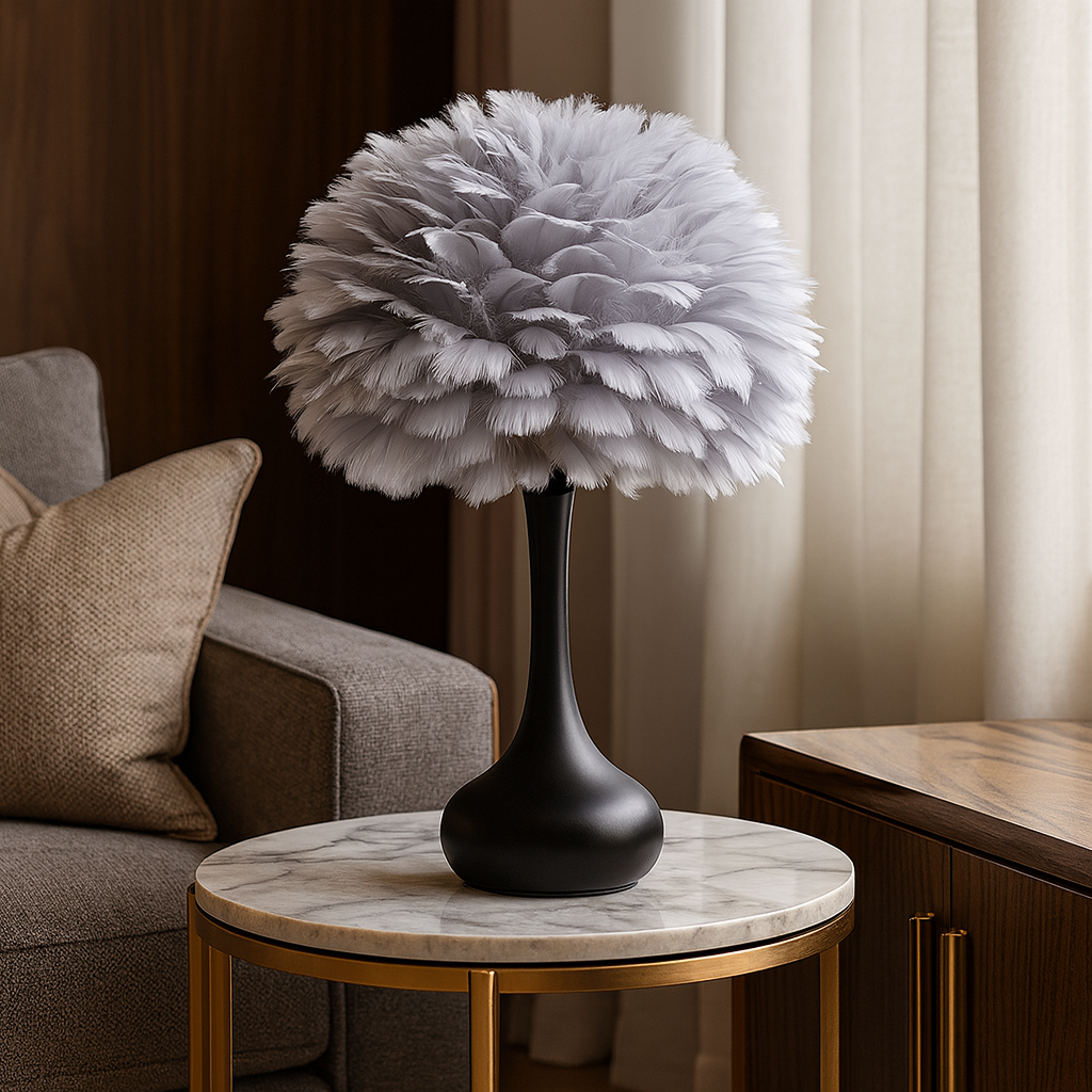 Настільна лампа чорна з сірим плафоном з пір'я Перо H-46 cm E27 Black+Grey Feather 251058-100006254