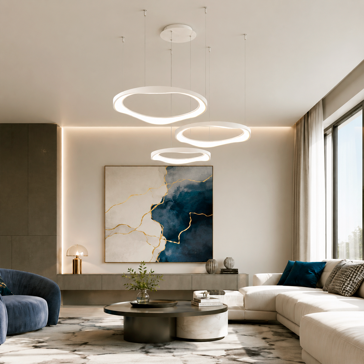 Люстра підвісна біла з пультом та димуванням D-42+52+62 cm Led 200W Wavy ring White 260335-100007671