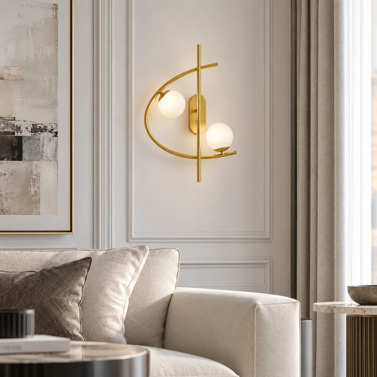 Настінний світильник золотий з білимим кулями H- 48 cm G9x2 Left / Right Gold + White Half Moon 220819-100000962