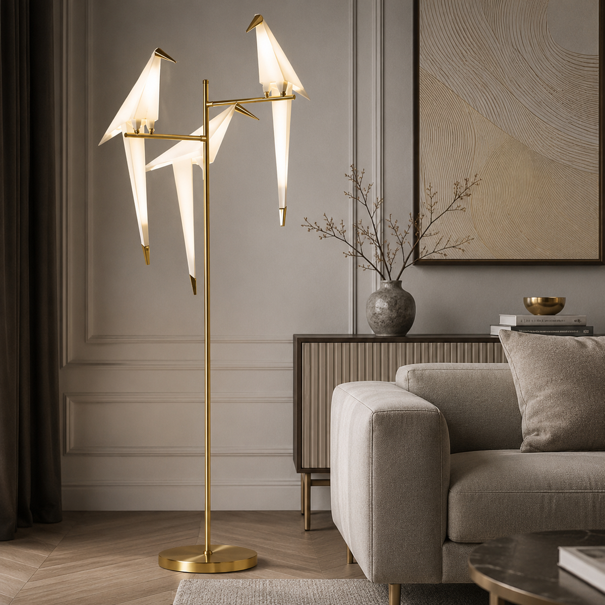 Торшер золотий з трьома пташками H-165 cm Led 18W Gold+White Pirch 260658-100008264