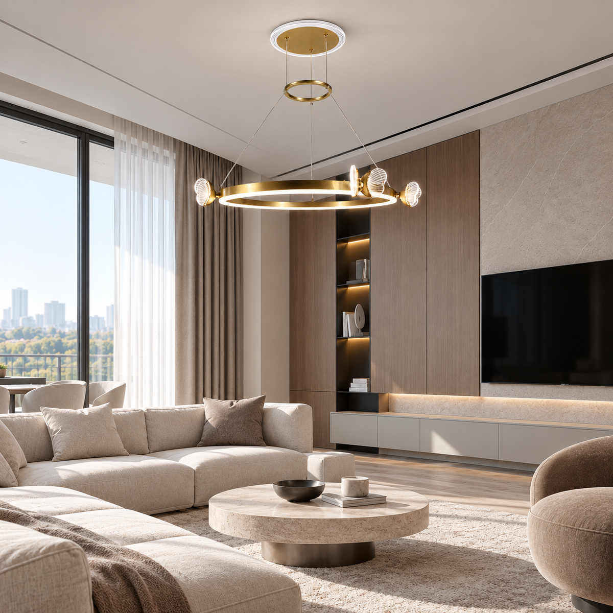 Люстра золота підвісна кільцева з метеликами D-70 cm Led 31W 4000K Gold Butterfly 260918-100009008