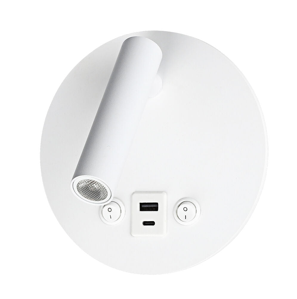 Настінний світильник білий з вимикачем та USB-порти D-14.5 cm Led 8W 3000K White Circle 251274-100006988
