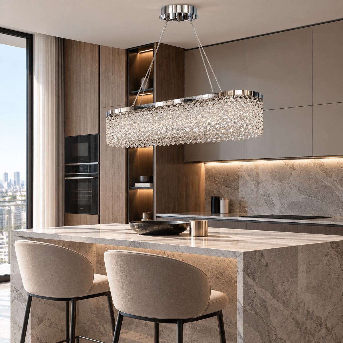 Люстра видовжена срібна з фігурним плафоном L - 98 cm Led 98W Chrome Crystal Rombs 260935-100009022