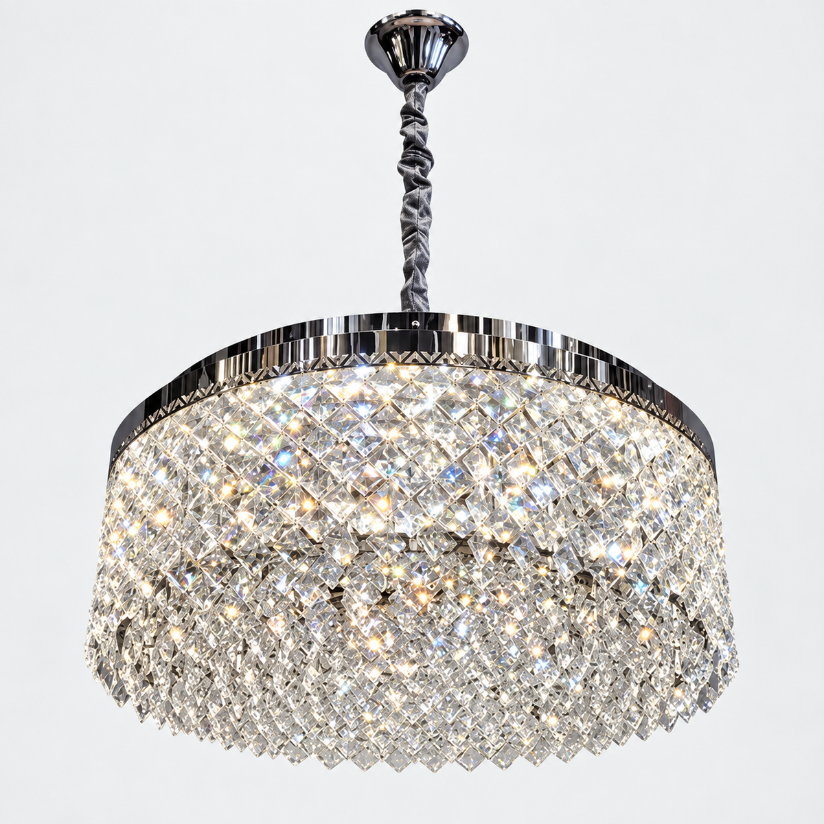 Люстра срібна підвісна з кришталевим плафоном D - 55,5 cm Led 89W + E14 x 8 Chrome Crystal Rombs 260935-100009026