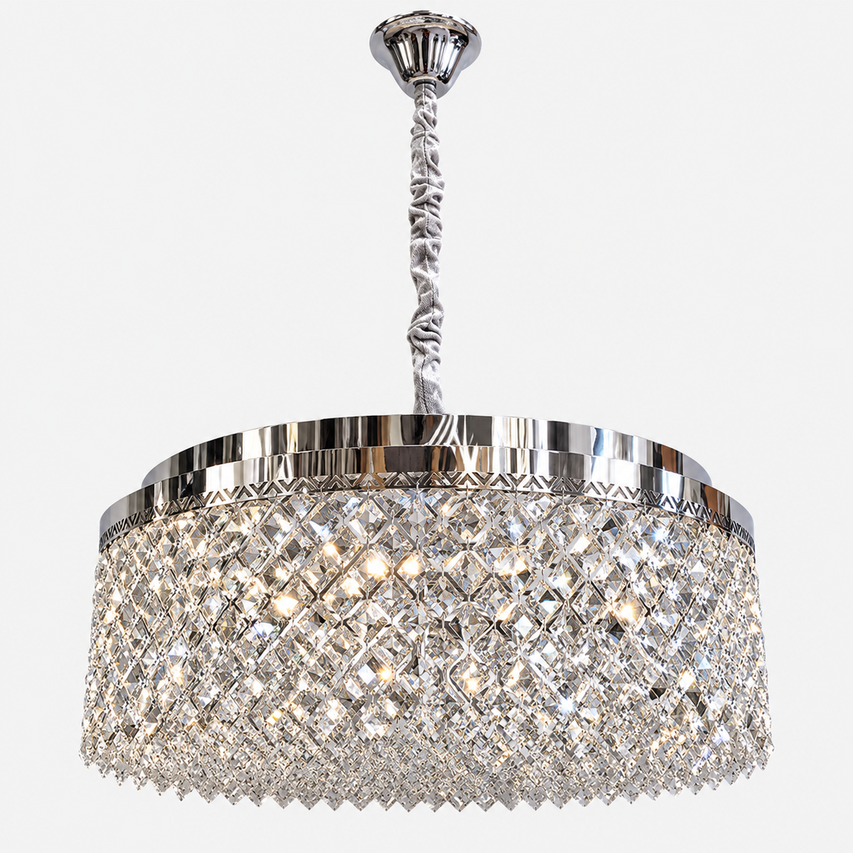 Люстра срібна підвісна з кришталевим плафоном D - 55,5 cm Led 89W + E14 x 8 Chrome Crystal Rombs 260935-100009026