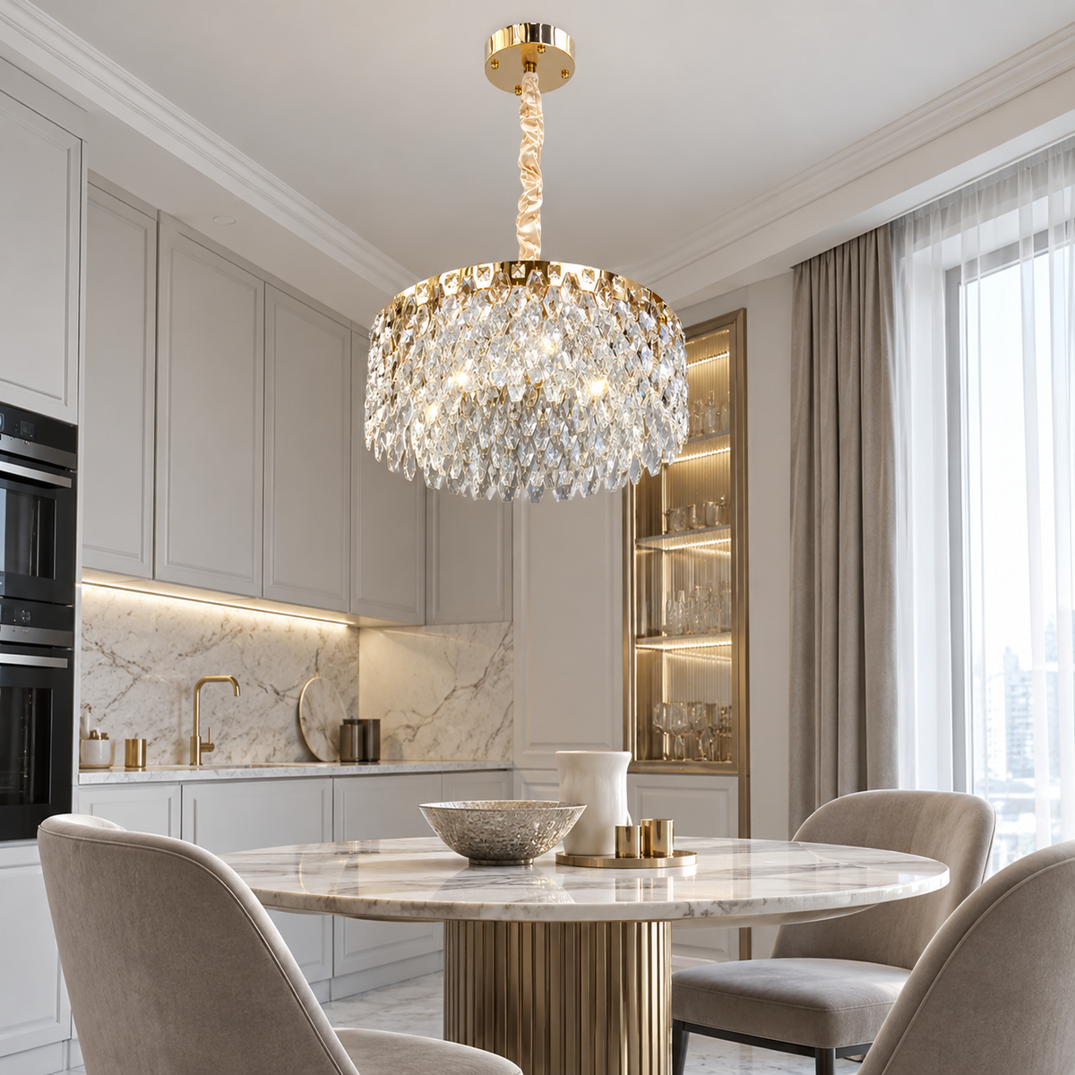 Люстри підвісні золоті з кришталевим плафоном D - 50 cm / 60 cm / 80 cm Led 60W / 76W / 94W Gold Crystal Coliseum 260935-100009039
