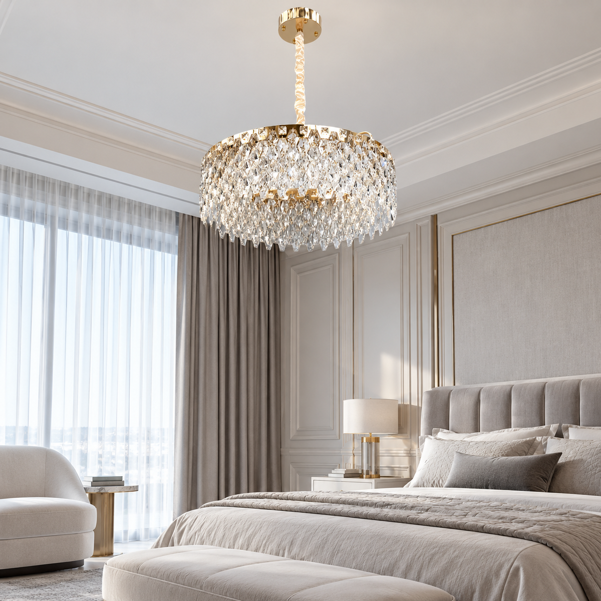 Люстри підвісні золоті з кришталевим плафоном D - 50 cm / 60 cm / 80 cm Led 60W / 76W / 94W Gold Crystal Coliseum 260935-100009039