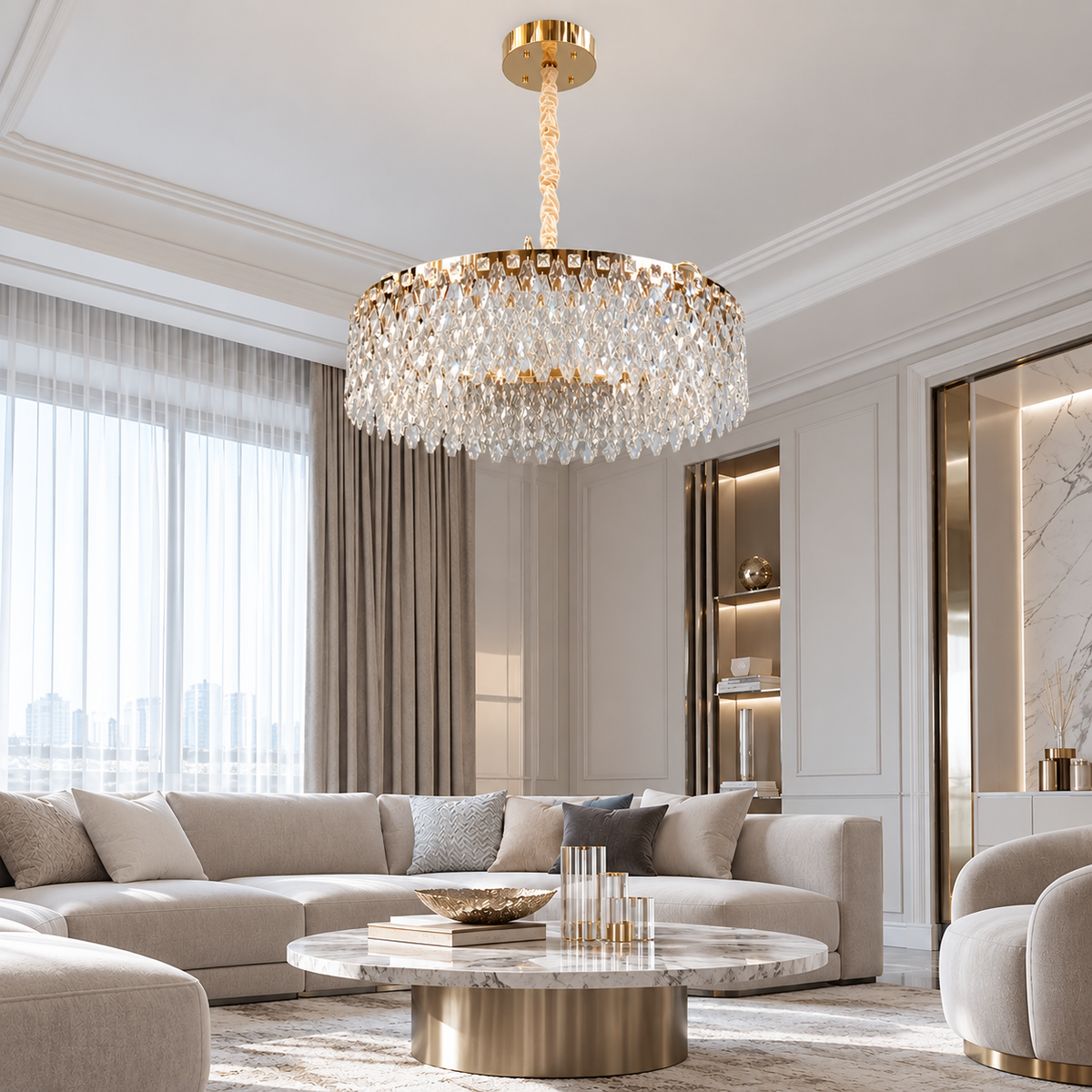 Люстри підвісні золоті з кришталевим плафоном D - 50 cm / 60 cm / 80 cm Led 60W / 76W / 94W Gold Crystal Coliseum 260935-100009039