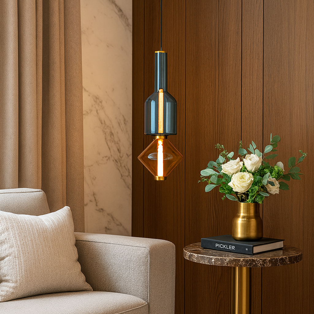 Світильник золотий підвісний з декоративним плафоном H-55 cm Led 8W Gold Beige clear+blue Colour 250931-100006139