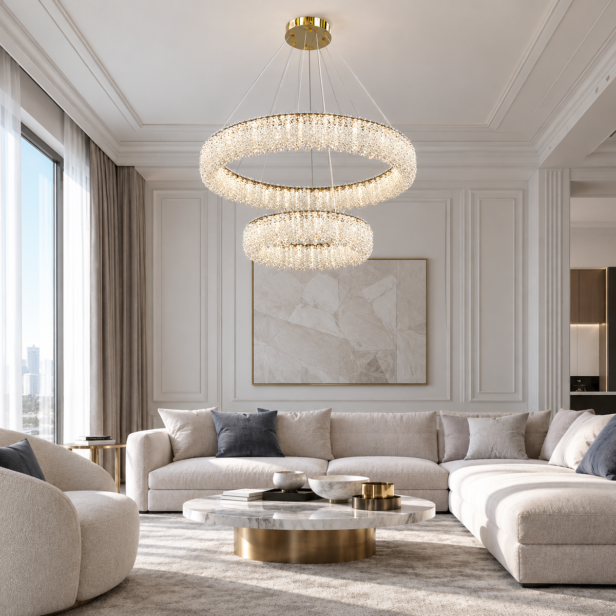Люстра золота кільцева подвійна з кришталевим плафоном 80+50 cm Led 75W Gold Win Crystal 251235-100006791