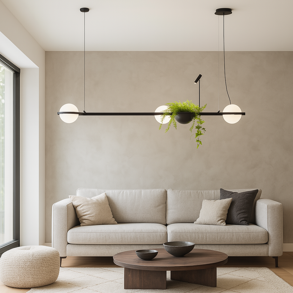 Підвісна люстра чорна з білими плафонома і горшиком L195 cm Black+White Green Orbit 250758-100005524