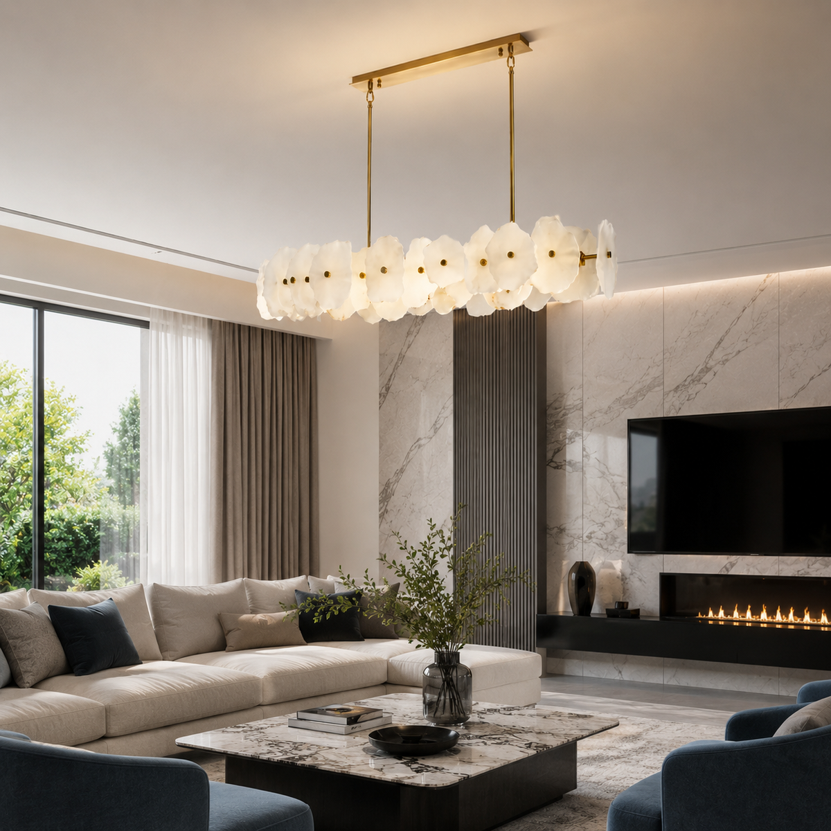 Видовжені люстри з мармуру L-100 cm / L-120 cm Led 3000K-6000K White+Gold Marble Flower 260618-100008143