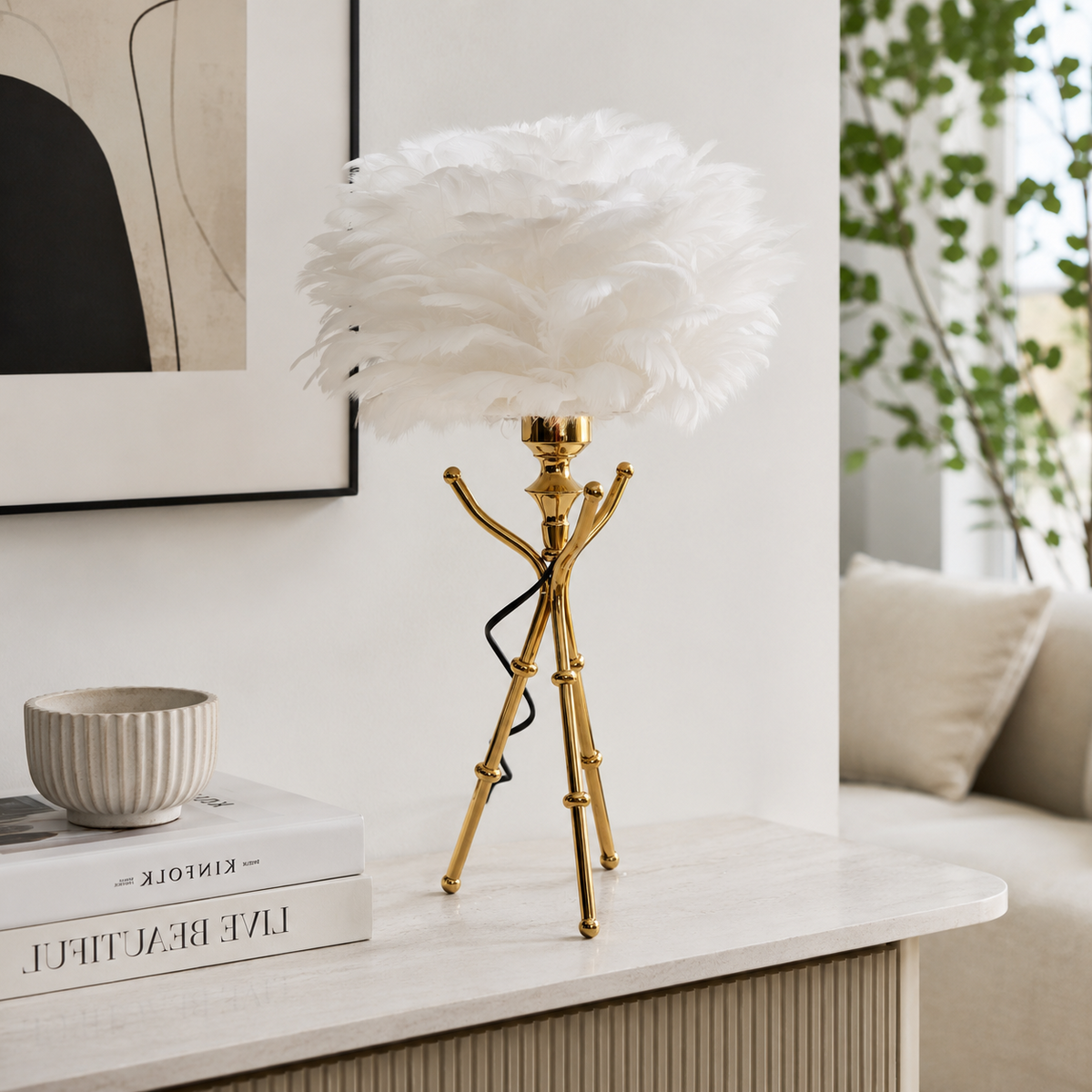 Настільна лампа золота з пір'ям H-50 cm E27 Gold+White Feather 260618-100008145