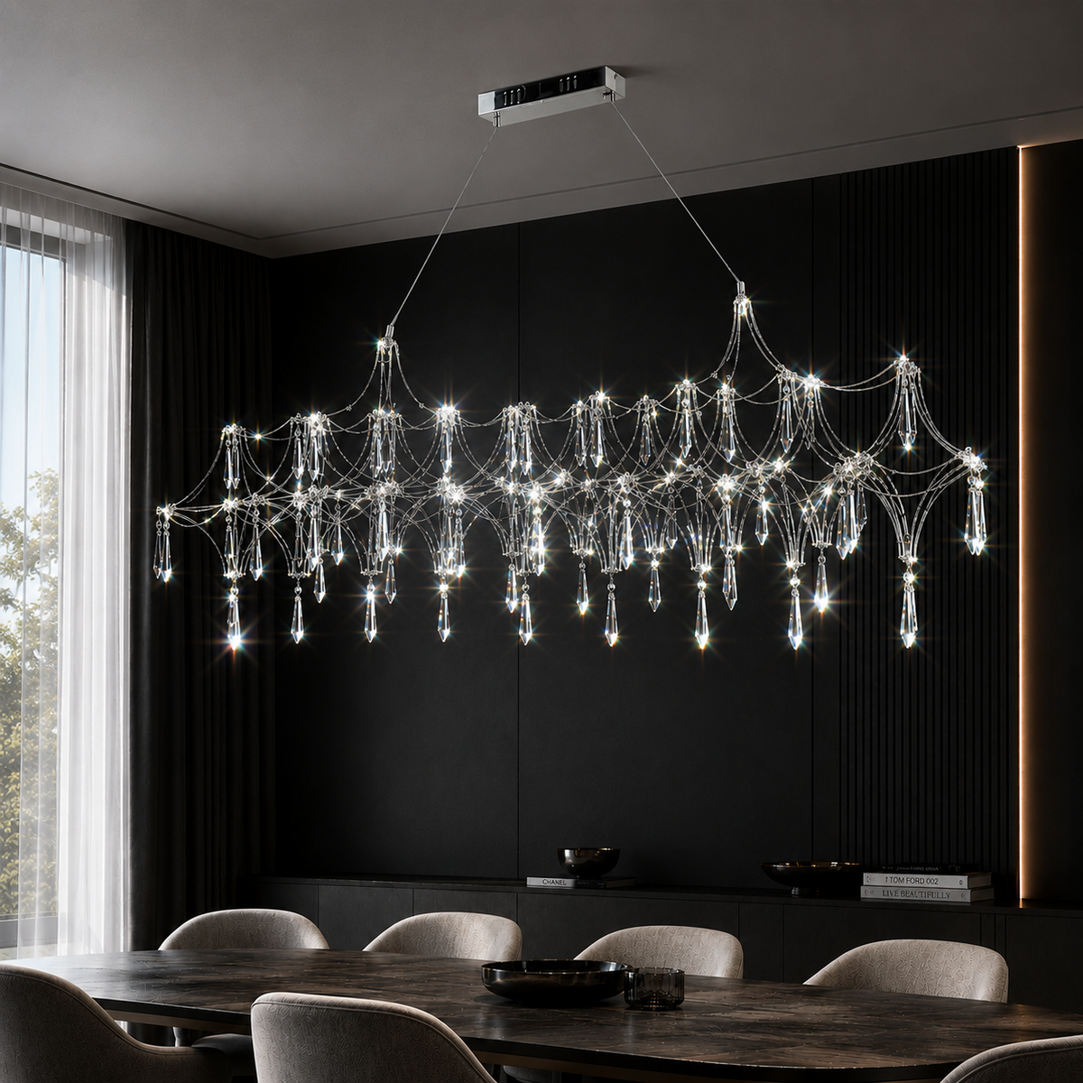 Підвісні люстри срібна з пультом L-120 cm / L-160 cm Led 3000K-6000K Chrome Rain 260618-100008208