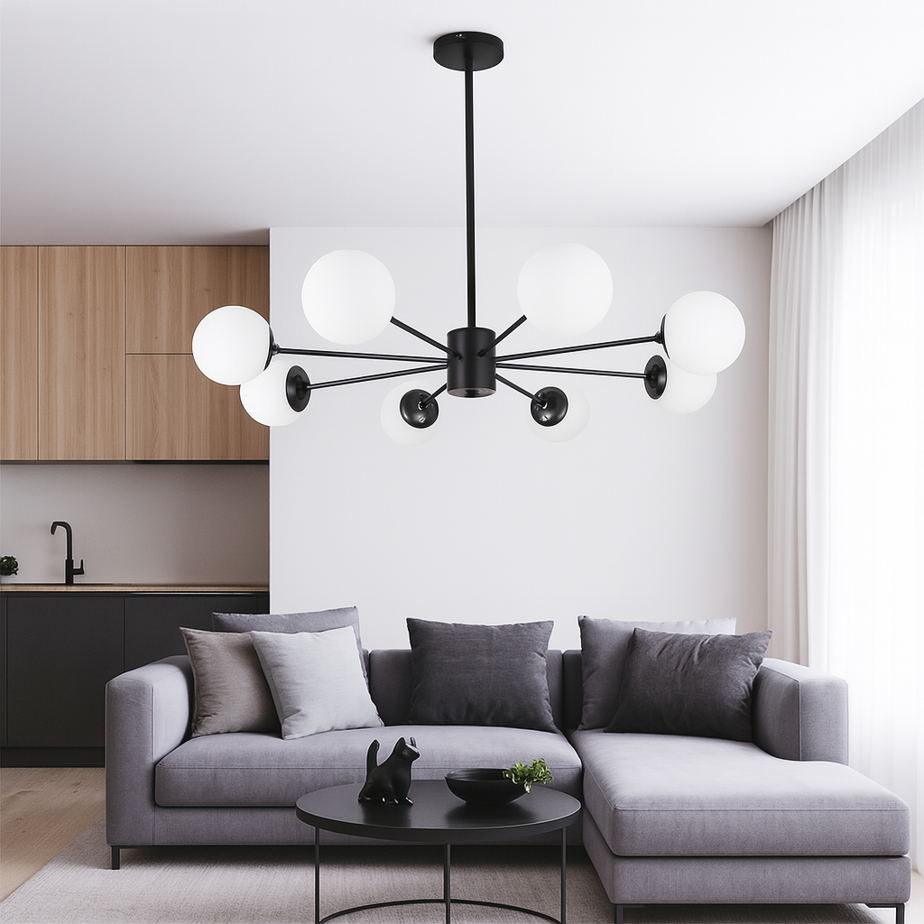 Люстра чорна з 8 білими плафонами D-92 cm Е27 Black Faro Bollo 250631-100005361