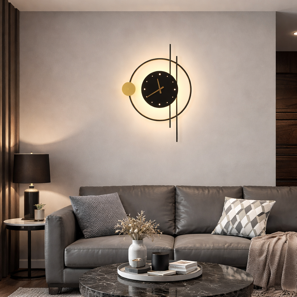 Настінний світильник годинник чорний з золотом H-57 cm D-41,5 cm Led 3000K-6000K Black+Gold Clock 260122-100007274