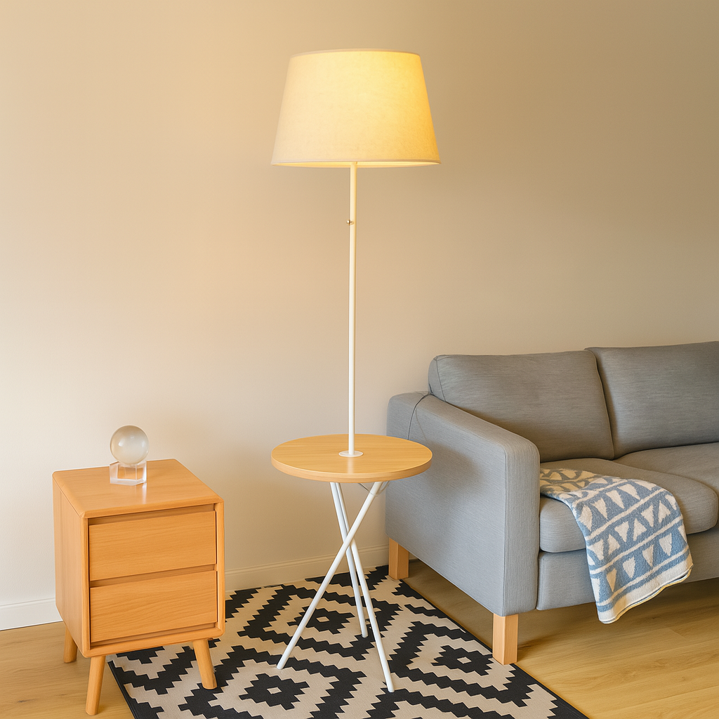 Торшер зі столиком з дерева білий H-168 cm E27 White Wooden table 250722-100005402