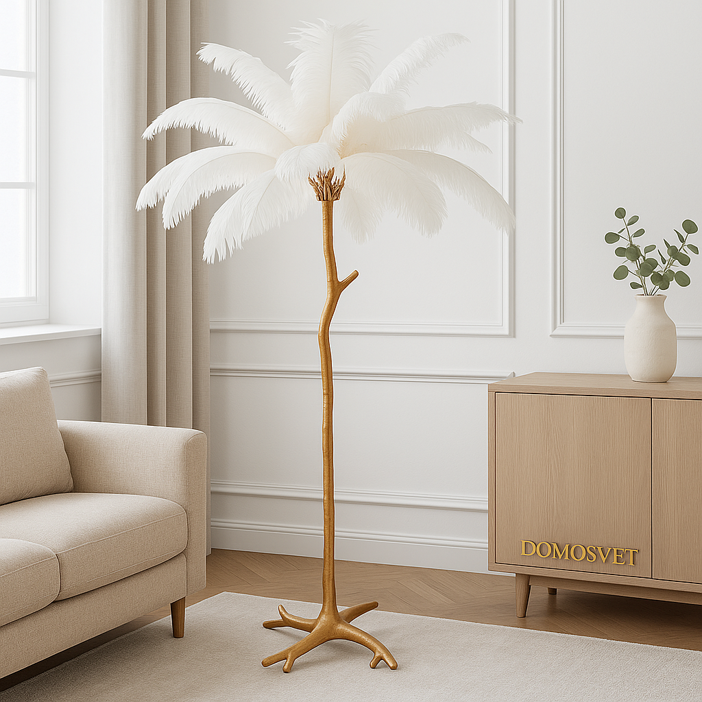Торшер золотий з білими пір'ями пальма H-174 cm D-85 cm Е14 Gold+White Palm 250680-100005384