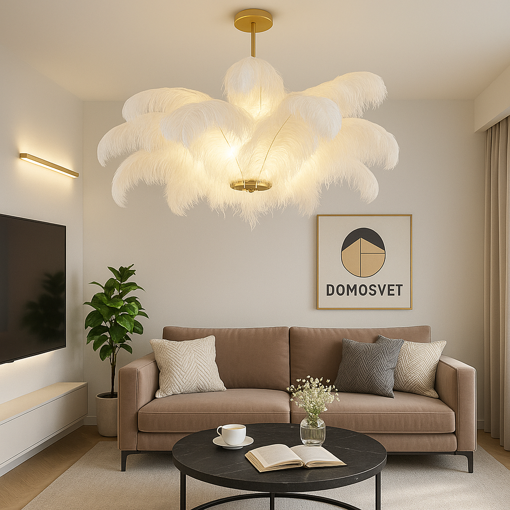 Люстра золота підвісна з білим з пір'ям пальма D-80 cm G4x3 White+Gold Ostrich Pero 250618-100005389