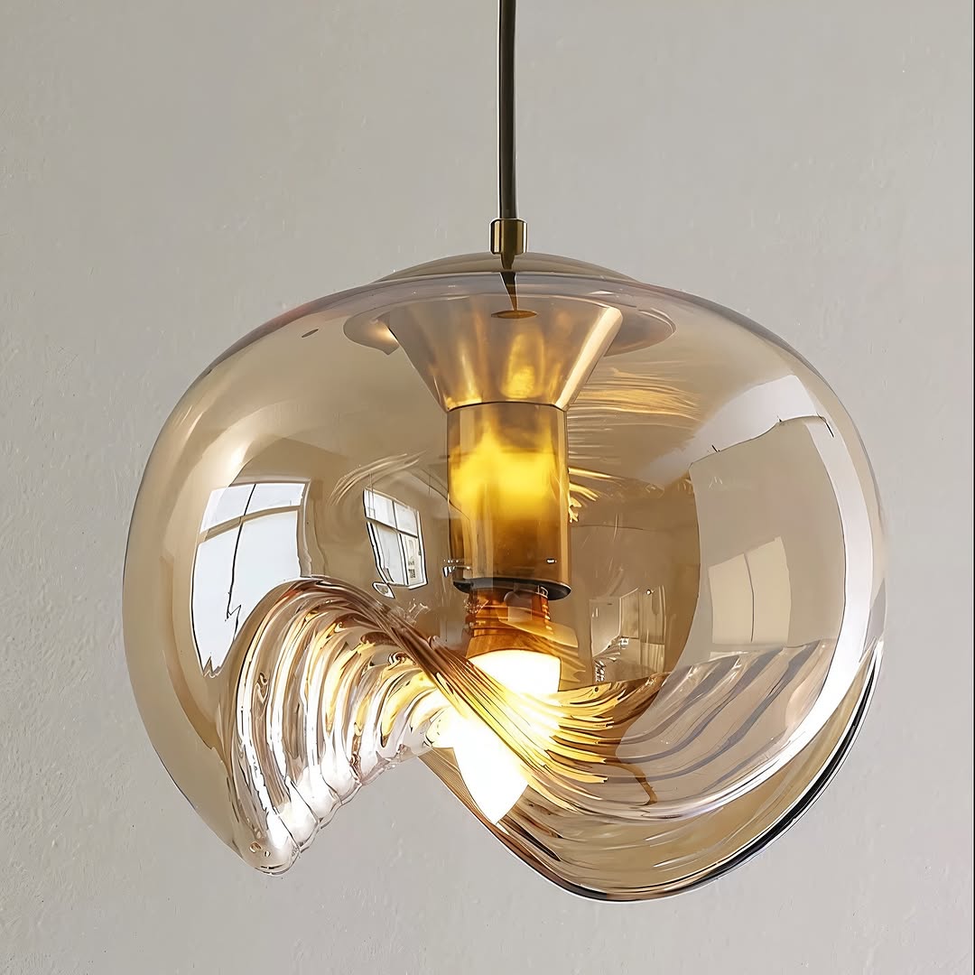 Підвісний світильник з бурштиновим плафоном D-25 cm E27 Amber Wavy ball 250222-100004186
