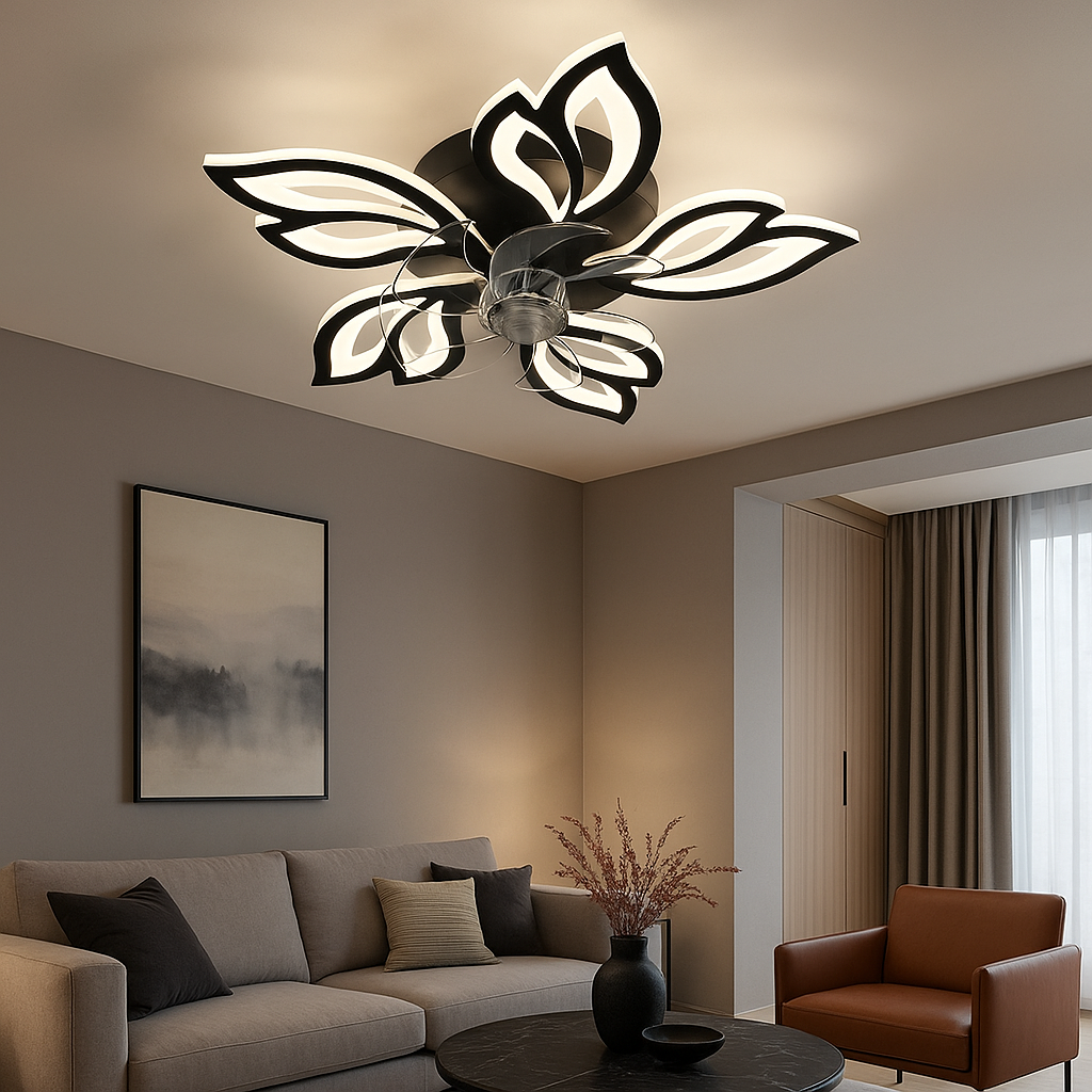 Стельова люстра чорна з прозорим вентилятором керована квітка D-68 cm Led 85+18W Black Fan lamp Flower 250775-100005530