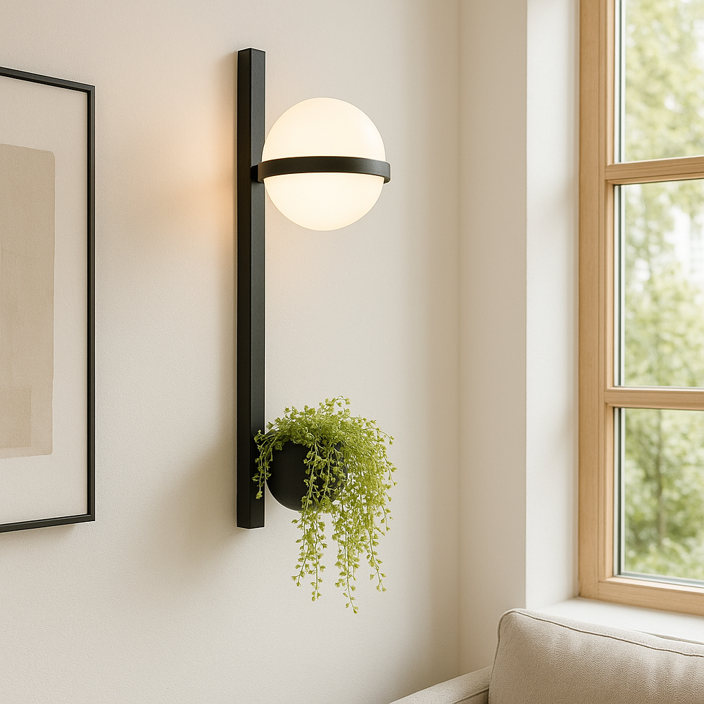 Настінний світильник чорний з білим плафоном і горшиком H-114 cm Black+White Green Orbit flower 250758-100005523