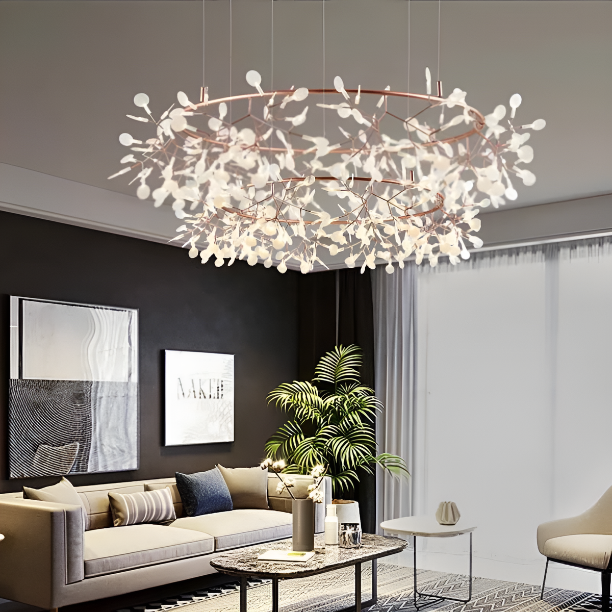 Люстра золота підвісна з білими пелюстками Квіткова D-106 cm+80cm LED Cooper & White Exclusive 220101-100000630