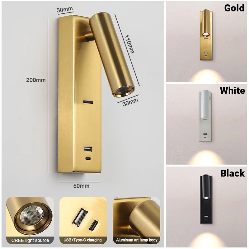 Бра з вимикачем на корпусі Led 3W 3000K USB-A + USB-C Gold Teco spot 260828-100008638