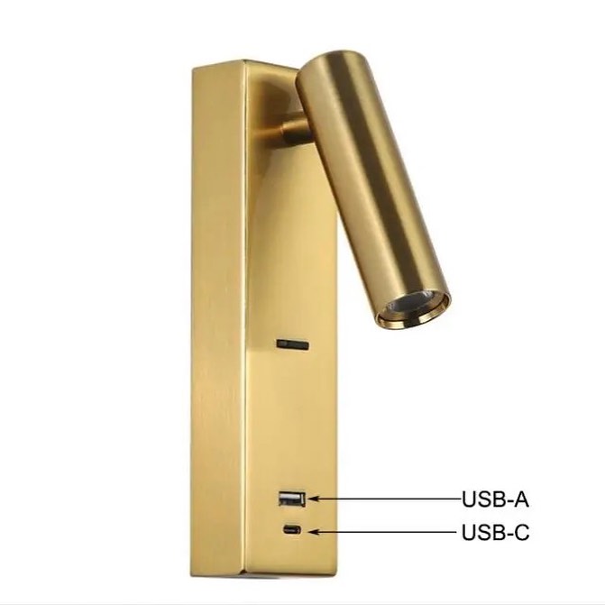 Бра з вимикачем на корпусі Led 3W 3000K USB-A + USB-C Gold Teco spot 260828-100008638