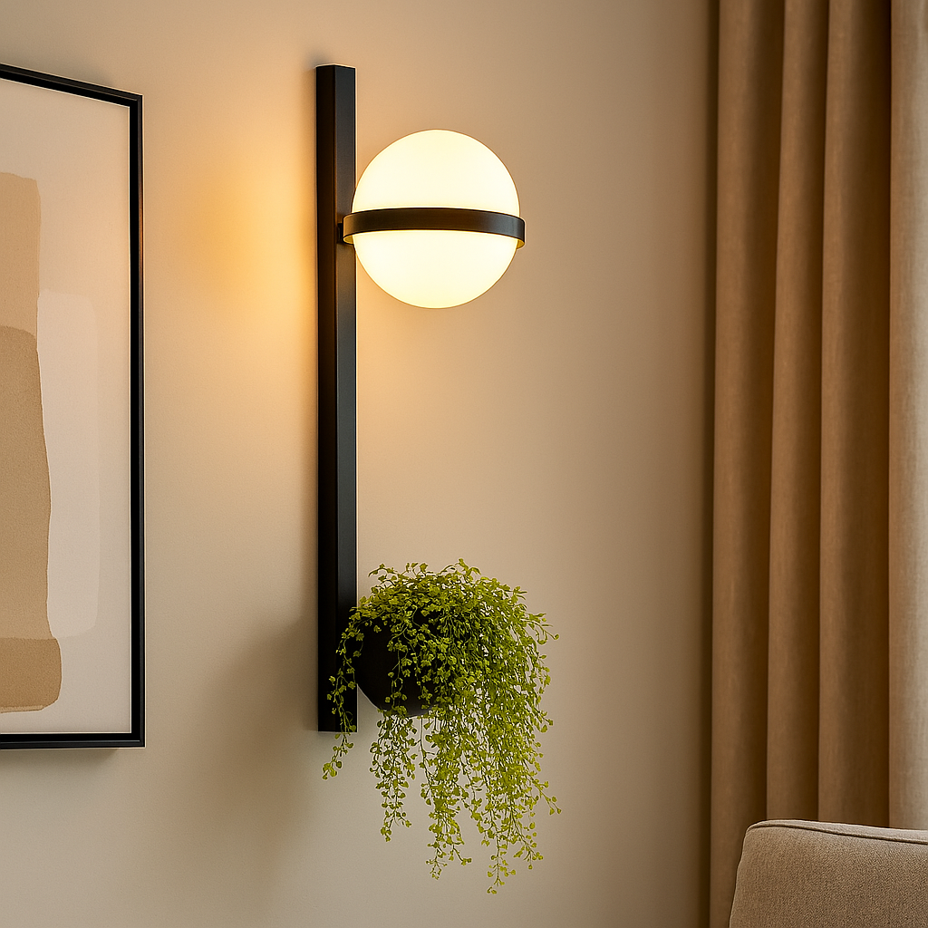 Настінний світильник чорний з білим плафоном і горшиком H-114 cm Black+White Green Orbit flower 250758-100005523