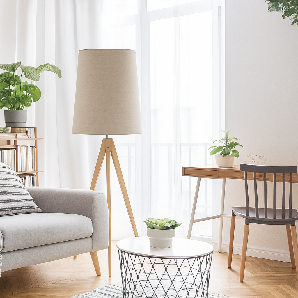 Торшер тринога дерев'яний з бежевим абажуром Сканді H-175 cm E27 Wood+Beige Scandi 250740-100005495