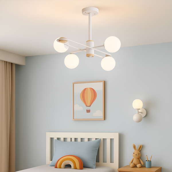 Люстра  біла з деревом H-35 cmу скандинавському стилі з 4 плафонами Four Planets White 221127-100001164