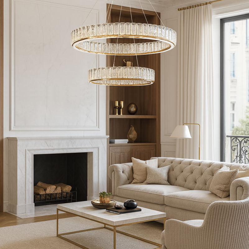 Люстра золота подвійна кільцева з кришталевим плафоном з візерунком 60+40 cm / 80+50 cm Gold Double Crystal Lattice Nice 251235-100006781