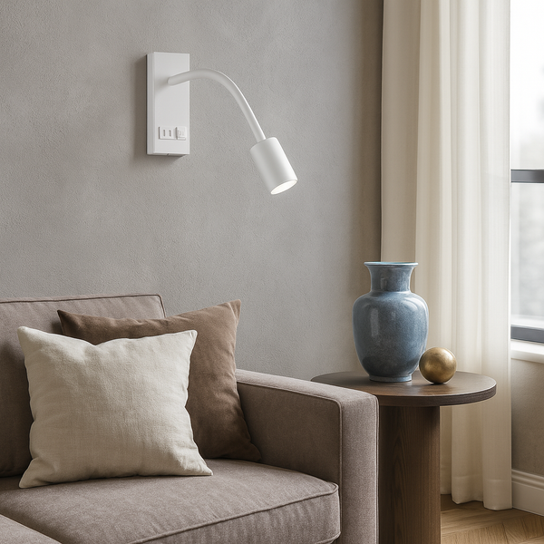Настінний світильник білий з гнучким спотом та роз'ємами на корпусі USB+TYPE-C Led 5W White Snake wall 250960-100006157