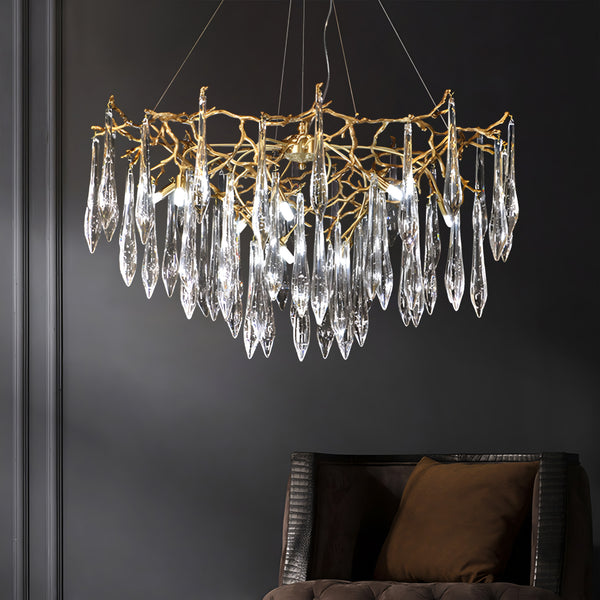 Дизайнерська бронзова люстра «Гілка з кришталевими краплями» кругла D-80 cm H-75 cm G9 Kiwi Light Natural Bronze 210824-100000275