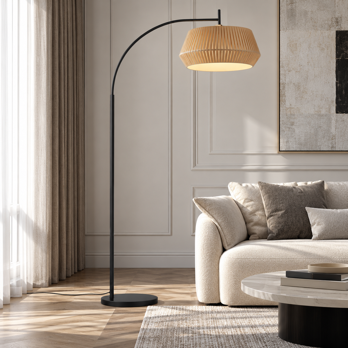 Торшер чорний з текстильним плафоном H - 180 cm E27 Black + Beige Norveo 26099-100009047
