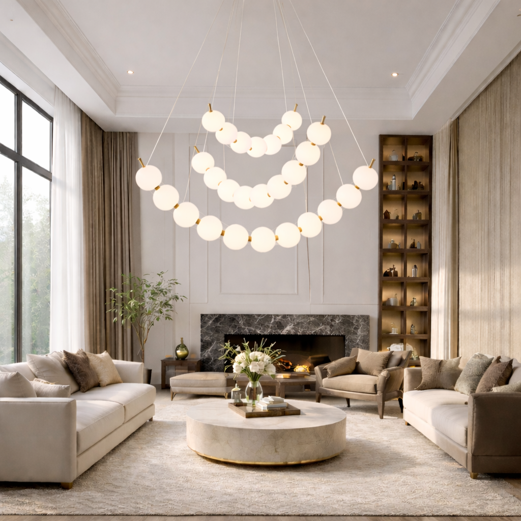 Люстра золота трирівнева з білими плафонами дугами 66 cm+95 cm+105 cm Led 40W Gold+White Trio Pearls 260118-100007016