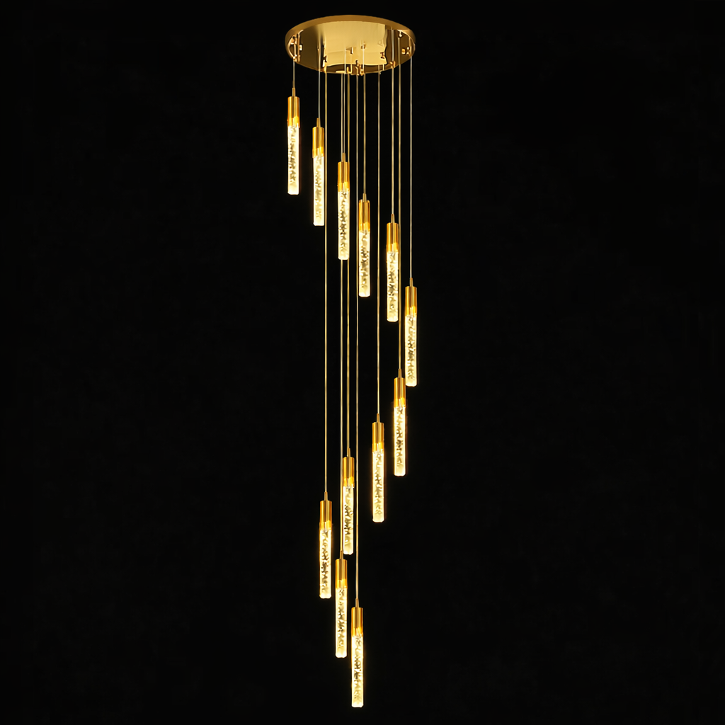 Люстра каскадна золота на 9 / 12 підвісів D-40 cm/ D-50 cm см Led 45W / 60W 4000K Gold tubes Bubble Slim Circle 240219-100003081